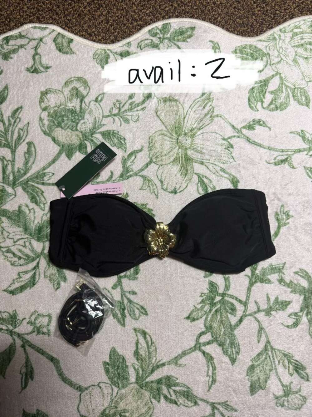 wild fable black bikini bandeau top with gold flower accent in the middle